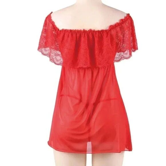 🆕 S-XL; Red Babydoll Night Dress Slip Off The Shoulder Lingerie with Ruffles - Picture 7 of 8